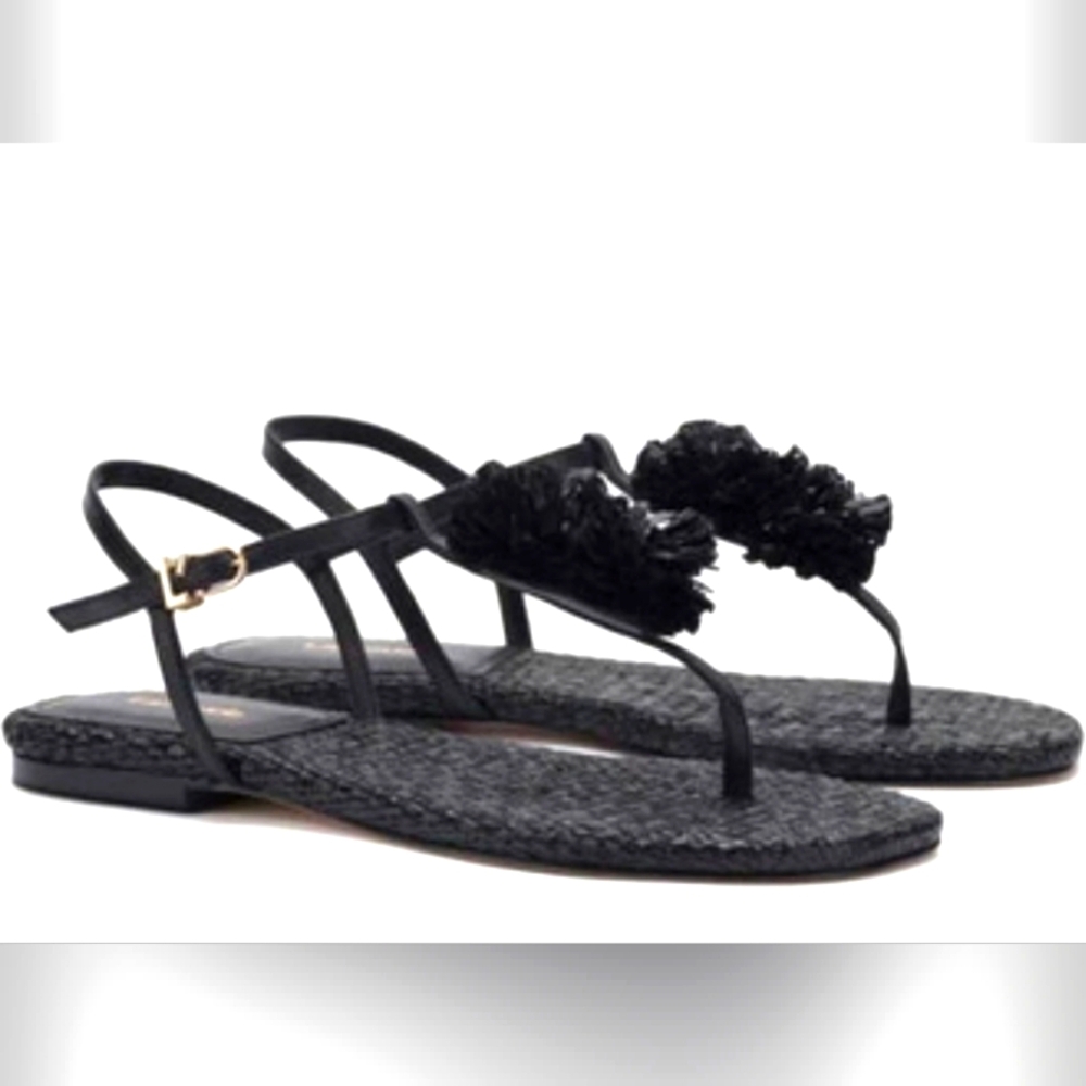 New LARROUDE Marilyn Thong Strappy Flat Sandals Leather & Raffia Black Flats Pom